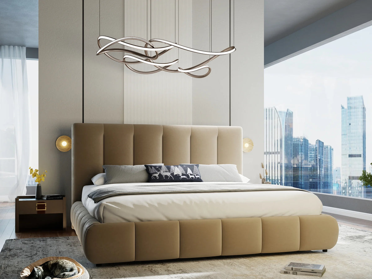 Pat dormitor dumonde, tapitat bej, Divaneo 140x200 cm, somiera rabatabila inclusa, spatiu depozitare – imagine 5