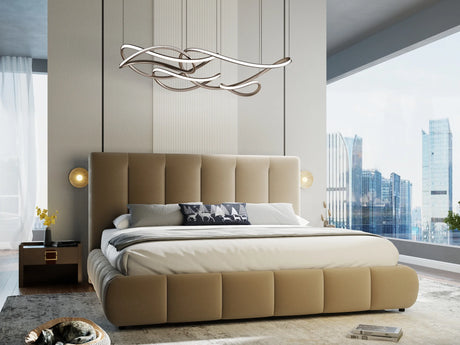 Pat dormitor dumonde, tapitat bej, Divaneo 140x200 cm, somiera rabatabila inclusa, spatiu depozitare – imagine 5