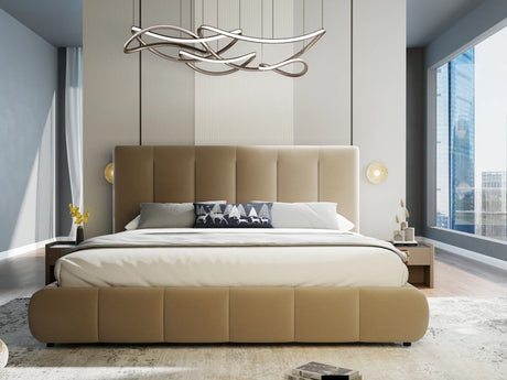 Pat dormitor dumonde, tapitat bej, Divaneo 140x200 cm, somiera rabatabila inclusa, spatiu depozitare – imagine 7