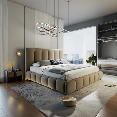 Pat dormitor dumonde, tapitat bej, Divaneo 160x200 cm, somiera rabatabila inclusa, spatiu depozitare – imagine 1