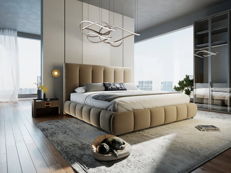 Pat dormitor dumonde, tapitat bej, Divaneo 160x200 cm, somiera rabatabila inclusa, spatiu depozitare – imagine 3