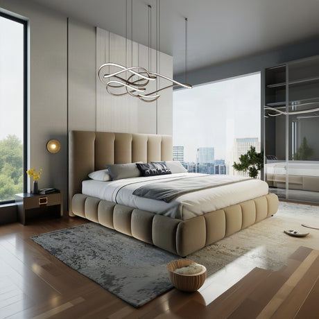 Pat dormitor dumonde, tapitat bej, Divaneo 180x200 cm, somiera rabatabila inclusa, spatiu depozitare – imagine 1