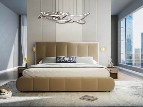 Pat dormitor dumonde, tapitat bej, Divaneo 180x200 cm, somiera rabatabila inclusa, spatiu depozitare – imagine 2