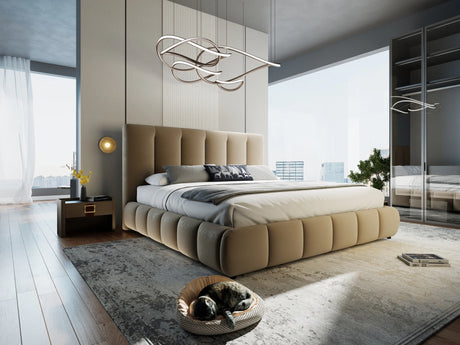 Pat dormitor dumonde, tapitat bej, Divaneo 180x200 cm, somiera rabatabila inclusa, spatiu depozitare – imagine 4