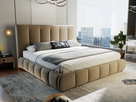 Pat dormitor dumonde, tapitat bej, Divaneo 180x200 cm, somiera rabatabila inclusa, spatiu depozitare – imagine 9