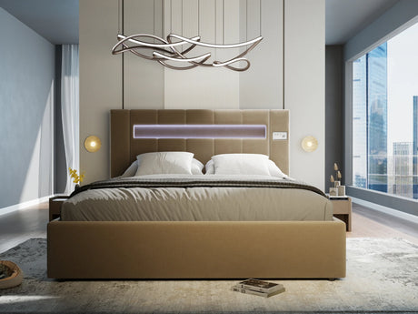 Pat dormitor dumonde, tapitat bej, Glow 180x200 cm, somiera rabatabila inclusa, spatiu depozitare – imagine 2