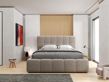 Pat dormitor dumonde, tapitat bej, Lorenzo 160X200 cm, somiera rabatabila inclusa, spatiu depozitare – imagine 7
