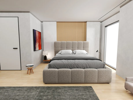 Pat dormitor dumonde, tapitat bej, Lorenzo 160X200 cm, somiera rabatabila inclusa, spatiu depozitare – imagine 9