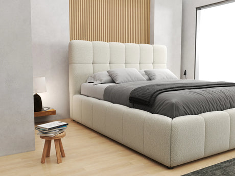 Pat dormitor dumonde, tapitat bej, Lorenzo 180x200 cm, somiera rabatabila inclusa, spatiu depozitare – imagine 4