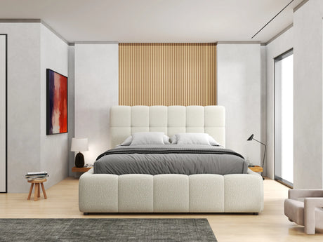 Pat dormitor dumonde, tapitat bej, Lorenzo 180x200 cm, somiera rabatabila inclusa, spatiu depozitare – imagine 7