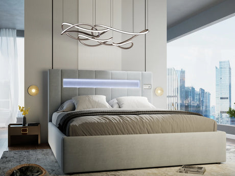Pat dormitor dumonde, tapitat gri, Glow 180x200 cm, somiera rabatabila inclusa, spatiu depozitare – imagine 5