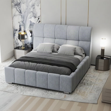 Pat dormitor dumonde, tapitat gri, Prestige 160x200 cm, somiera rabatabila inclusa, spatiu depozitare – imagine 1