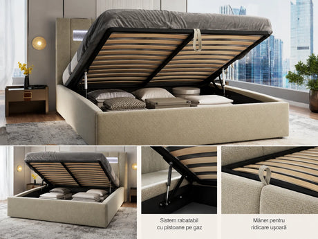 Pat dormitor dumonde, tapitat bej, Glow 160x200 cm, somiera rabatabila inclusa, spatiu depozitare – imagine 11