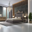 Pat dormitor dumonde, tapitat gri, Luxury 160x200 cm, somiera rabatabila inclusa, spatiu depozitare LFG