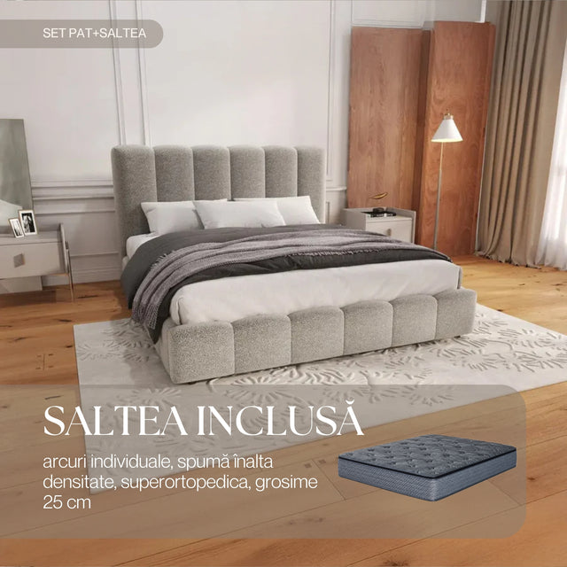 Set Pat dormitor dumonde, tapitat gri, Milano 180x200 cm, somiera rabatabila inclusa, spatiu depozitare + saltea Paturidumonde.ro
