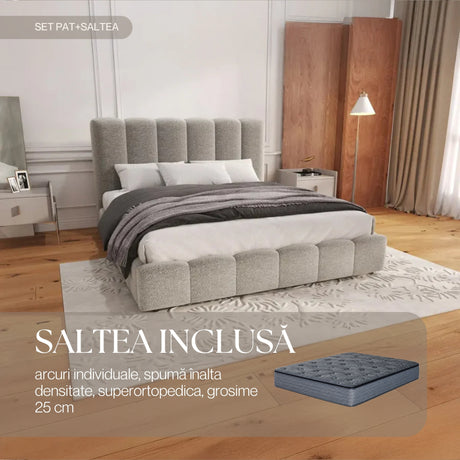 Set Pat dormitor dumonde, tapitat gri, Milano 140x200 cm, somiera rabatabila inclusa, spatiu depozitare + saltea Paturidumonde.ro