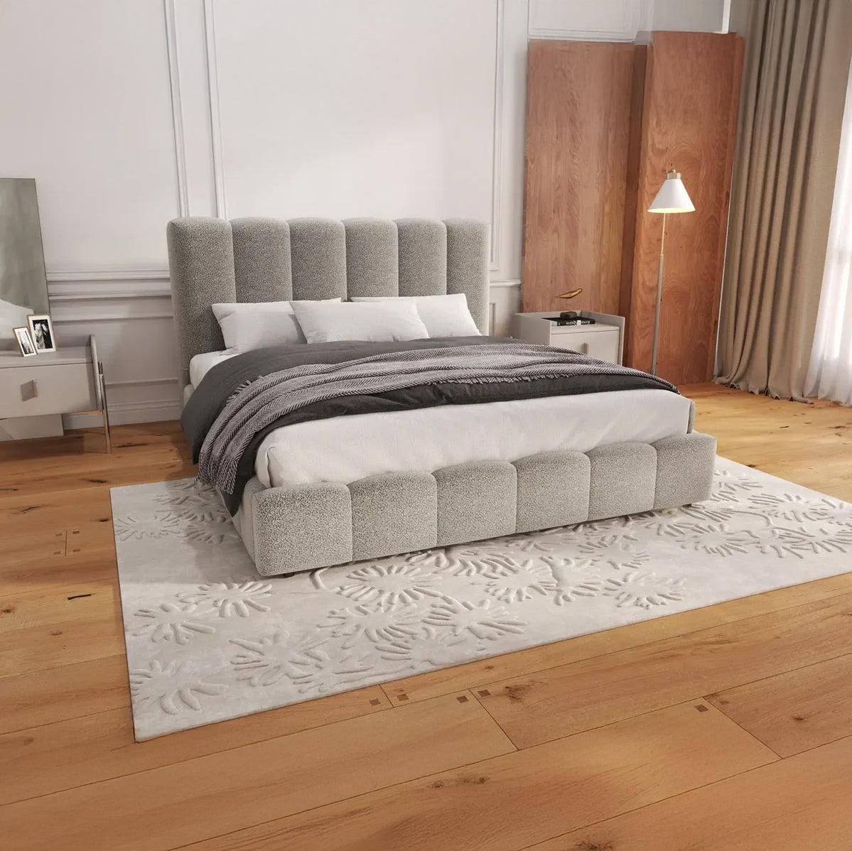 Set Pat dormitor dumonde, tapitat gri, Milano 140x200 cm, somiera rabatabila inclusa, spatiu depozitare + saltea