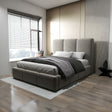 Set Pat dormitor dumonde, tapitat gri, Milano 180x200 cm, somiera rabatabila inclusa, spatiu depozitare + saltea