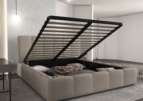 Set Pat dormitor dumonde, tapitat gri, Lorenzo 180X200 cm, somiera rabatabila inclusa, spatiu depozitare + saltea