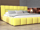 Pat dormitor dumonde, tapitat galben cu LED si USB, Palermo 140x200 cm, somiera rabatabila inclusa, spatiu depozitare