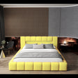 Pat dormitor dumonde, tapitat galben cu LED si USB, Palermo 140x200 cm, somiera rabatabila inclusa, spatiu depozitare
