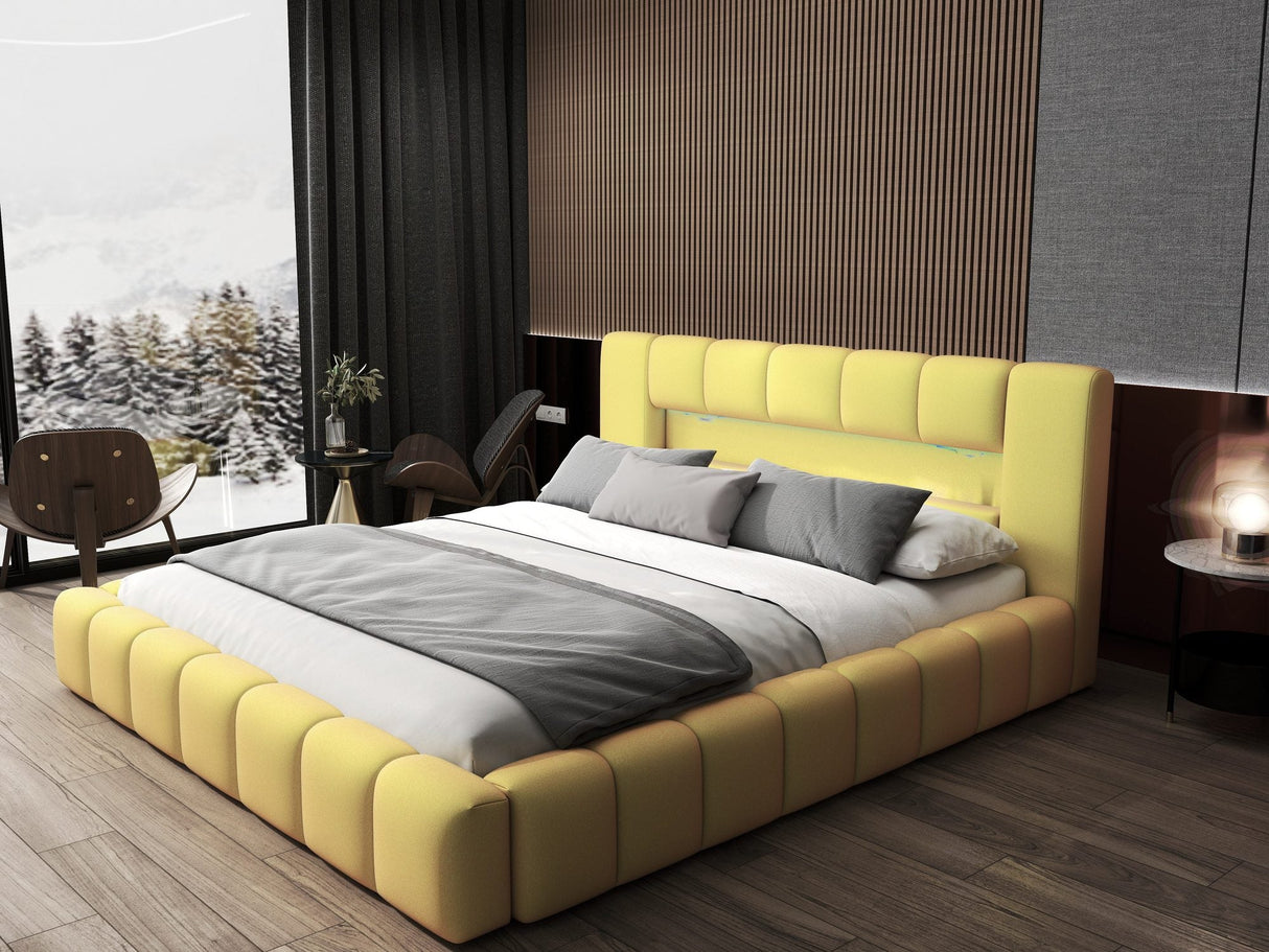 Pat dormitor dumonde, tapitat galben cu LED si USB, Palermo 140x200 cm, somiera rabatabila inclusa, spatiu depozitare