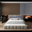 Pat dormitor dumonde, tapitat bej cu LED si USB, Palermo 160x200 cm, somiera rabatabila inclusa, spatiu depozitare