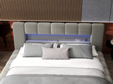Pat dormitor dumonde, tapitat bej cu LED si USB, Palermo 160x200 cm, somiera rabatabila inclusa, spatiu depozitare