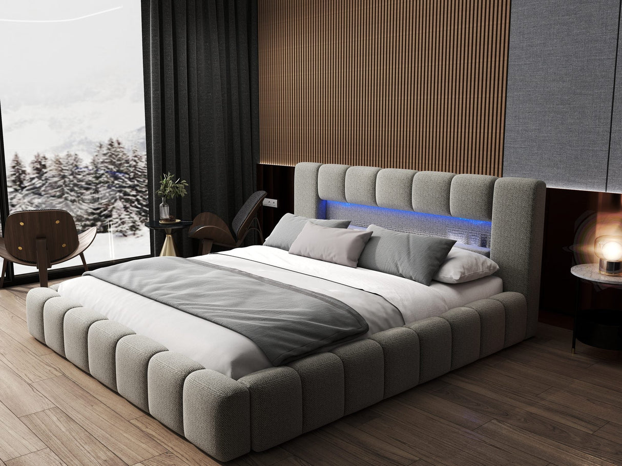Pat dormitor dumonde, tapitat bej cu LED si USB, Palermo 160x200 cm, somiera rabatabila inclusa, spatiu depozitare