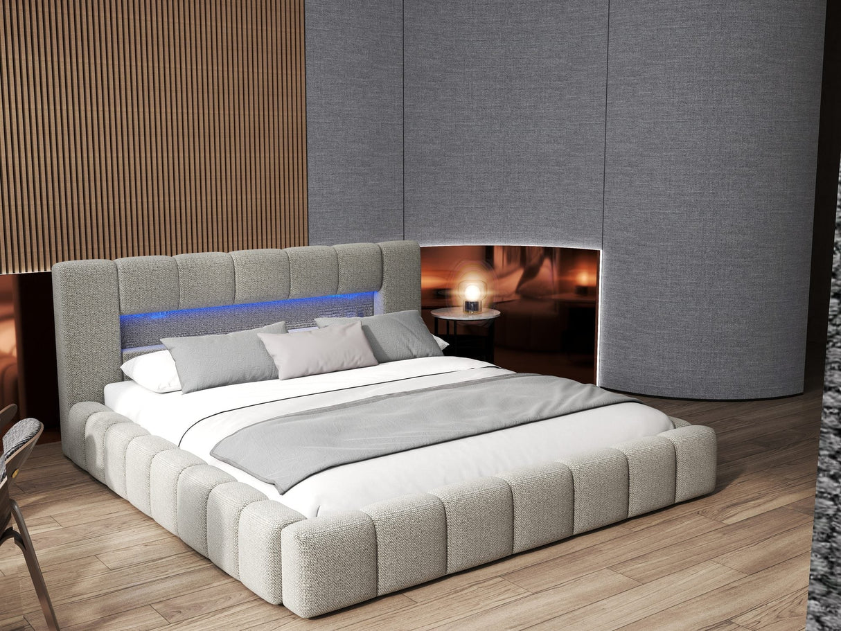 Pat dormitor dumonde, tapitat bej cu LED si USB, Palermo 160x200 cm, somiera rabatabila inclusa, spatiu depozitare