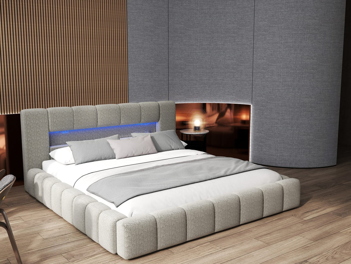 Pat dormitor dumonde, tapitat bej cu LED si USB, Palermo 160x200 cm, somiera rabatabila inclusa, spatiu depozitare