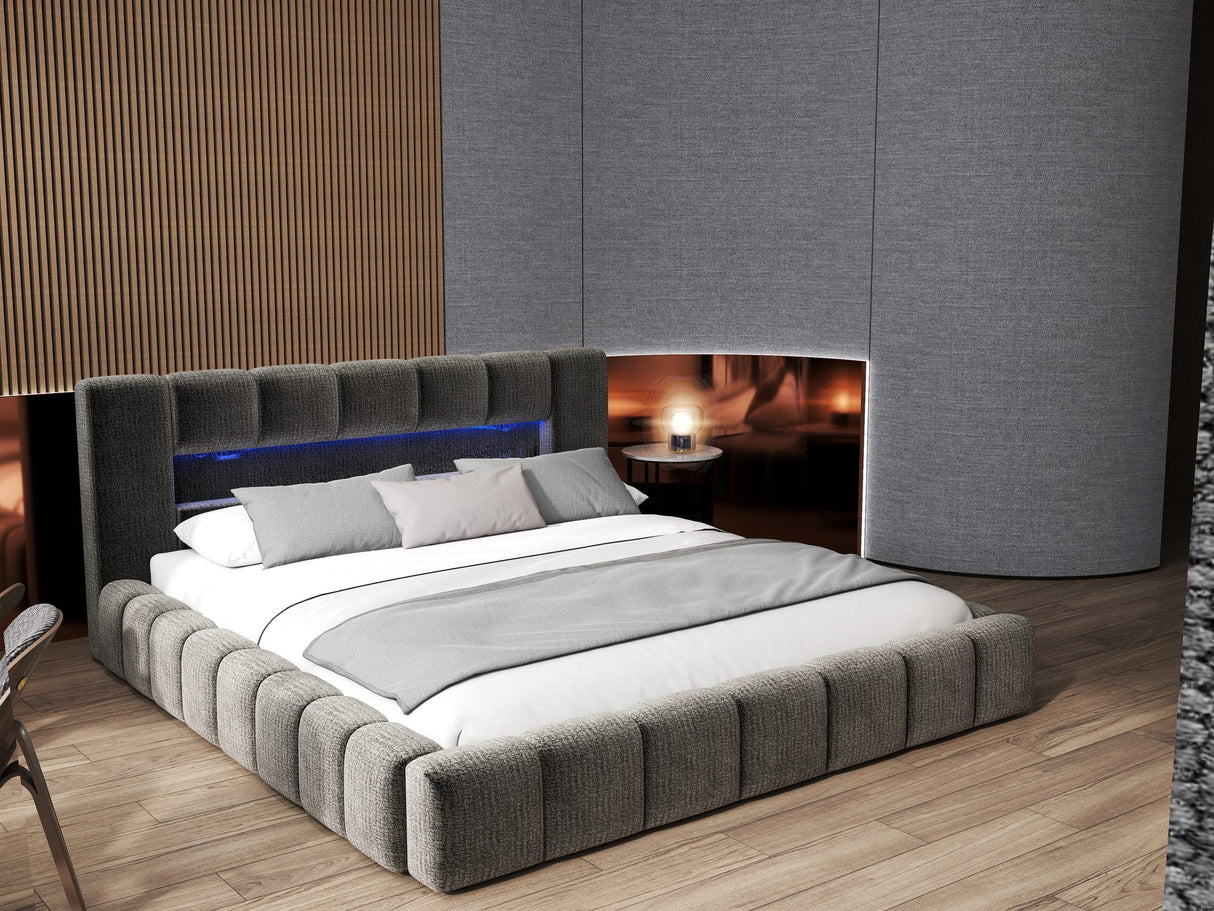 Pat dormitor dumonde, tapitat gri cu LED si USB, Palermo 160x200 cm, somiera rabatabila inclusa, spatiu depozitare