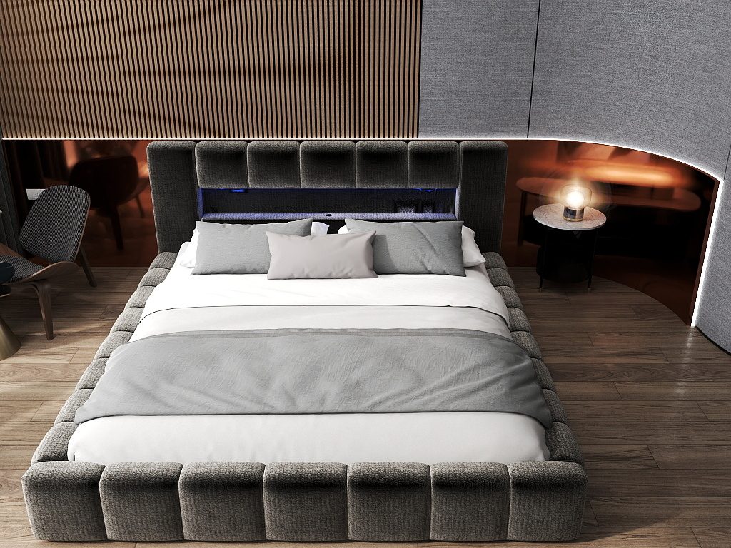 Pat dormitor dumonde, tapitat gri cu LED si USB, Palermo 160x200 cm, somiera rabatabila inclusa, spatiu depozitare