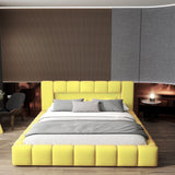 Pat dormitor dumonde, tapitat galben cu LED si USB, Palermo 160x200 cm, somiera rabatabila inclusa, spatiu depozitare