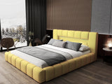 Pat dormitor dumonde, tapitat galben cu LED si USB, Palermo 160x200 cm, somiera rabatabila inclusa, spatiu depozitare
