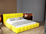 Pat dormitor dumonde, tapitat galben cu LED si USB, Palermo 160x200 cm, somiera rabatabila inclusa, spatiu depozitare