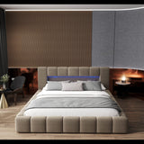 Pat dormitor dumonde, tapitat bej cu LED si USB, Palermo 160x200 cm, somiera rabatabila inclusa, spatiu depozitare