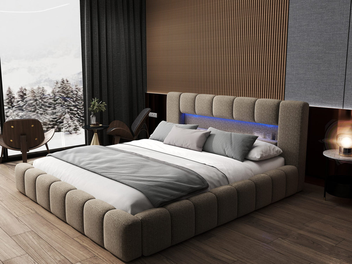 Pat dormitor dumonde, tapitat bej cu LED si USB, Palermo 160x200 cm, somiera rabatabila inclusa, spatiu depozitare