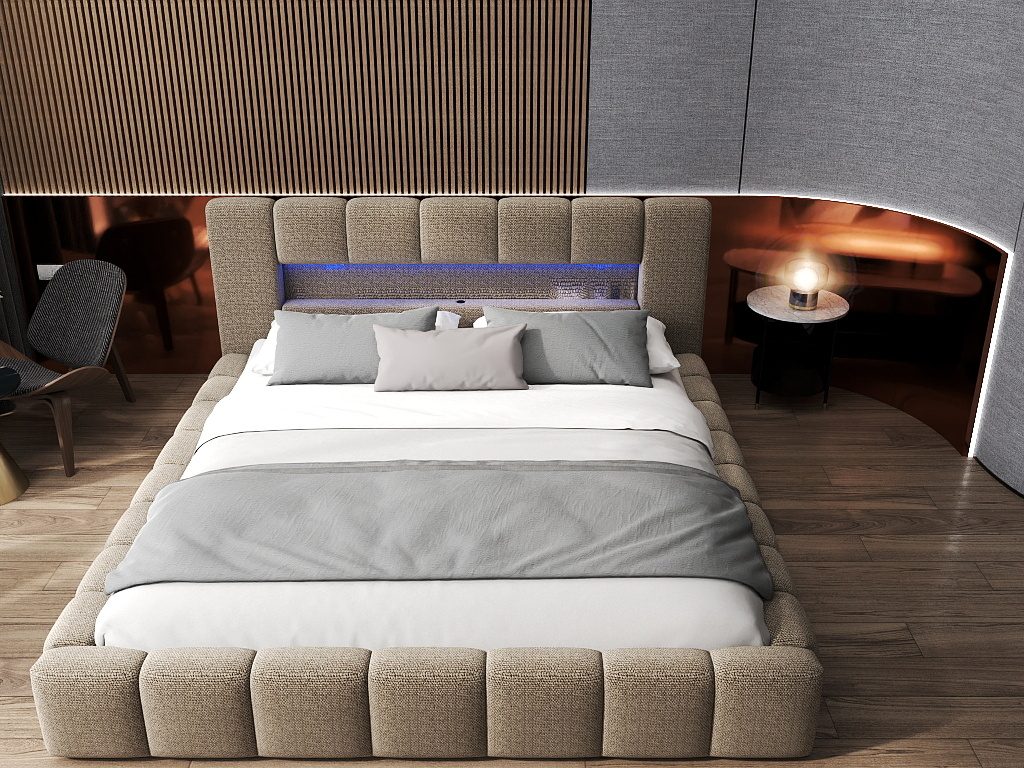 Pat dormitor dumonde, tapitat bej cu LED si USB, Palermo 160x200 cm, somiera rabatabila inclusa, spatiu depozitare