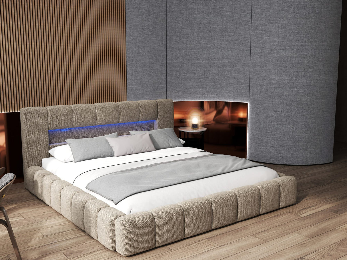 Pat dormitor dumonde, tapitat bej cu LED si USB, Palermo 160x200 cm, somiera rabatabila inclusa, spatiu depozitare