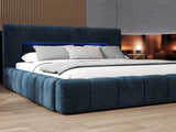 Pat dormitor dumonde, tapitat albastru cu LED si USB, Palermo 160x200 cm, somiera rabatabila inclusa, spatiu depozitare