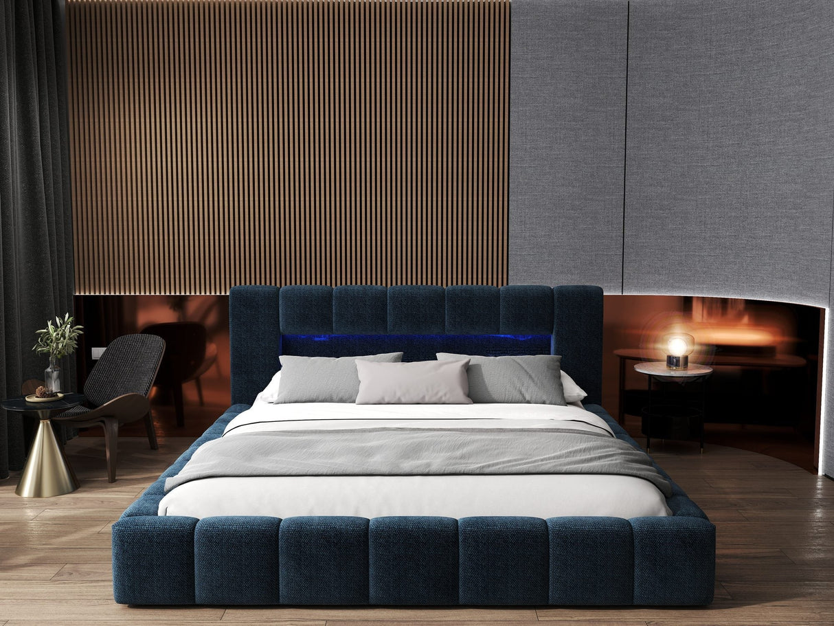 Set Pat dormitor dumonde, tapitat albastru cu LED si USB, Palermo 160x200 cm, somiera rabatabila inclusa, spatiu depozitare + saltea