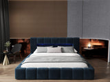 Set Pat dormitor dumonde, tapitat albastru cu LED si USB, Palermo 160x200 cm, somiera rabatabila inclusa, spatiu depozitare + saltea