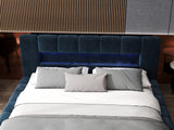 Set Pat dormitor dumonde, tapitat albastru cu LED si USB, Palermo 160x200 cm, somiera rabatabila inclusa, spatiu depozitare + saltea
