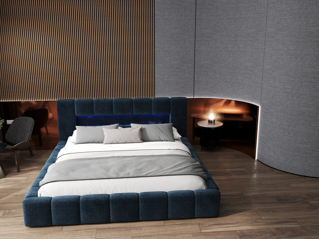 Pat dormitor dumonde, tapitat albastru cu LED si USB, Palermo 160x200 cm, somiera rabatabila inclusa, spatiu depozitare