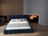 Pat dormitor dumonde, tapitat albastru cu LED si USB, Palermo 160x200 cm, somiera rabatabila inclusa, spatiu depozitare