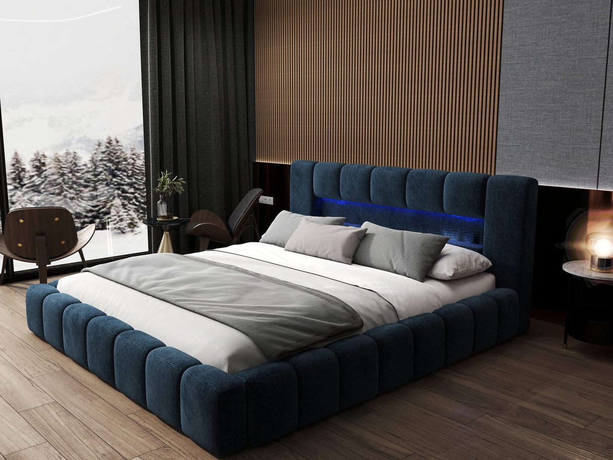 Pat dormitor dumonde, tapitat albastru cu LED si USB, Palermo 160x200 cm, somiera rabatabila inclusa, spatiu depozitare