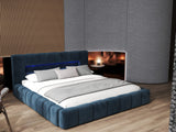 Pat dormitor dumonde, tapitat albastru cu LED si USB, Palermo 160x200 cm, somiera rabatabila inclusa, spatiu depozitare