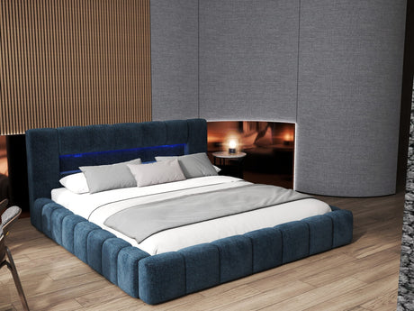 Set Pat dormitor dumonde, tapitat albastru cu LED si USB, Palermo 160x200 cm, somiera rabatabila inclusa, spatiu depozitare + saltea