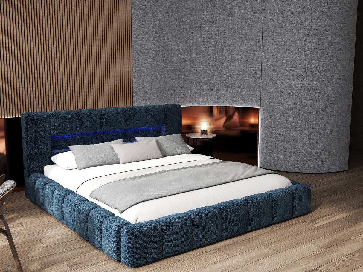 Pat dormitor dumonde, tapitat albastru cu LED si USB, Palermo 160x200 cm, somiera rabatabila inclusa, spatiu depozitare
